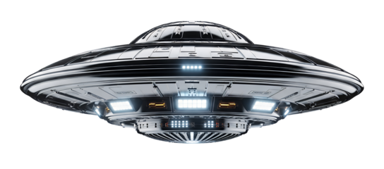 Advanced Metallic Unidentified Flying Object Design with Powerful Illuminating Lights and Intricate Details Against a Dark Background