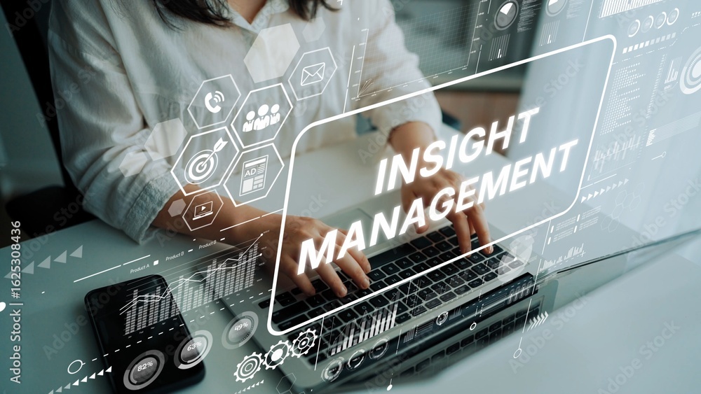 Poster business professional analyzing data with innovative technology in modern office setting for insight