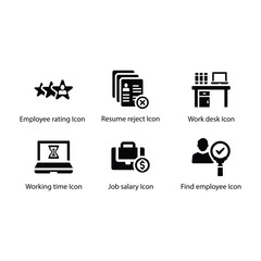 Employee rating, Resume reject, Work desk, Working time, Job salary, Find employee, icon