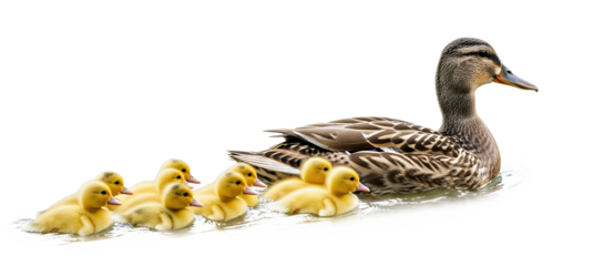 A mother duck leads her adorable ducklings in a line across the water in this charming wildlife scene