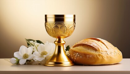 golden chalice with sacramental host and flowers on neutral background