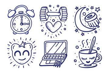Fototapeta premium Morning Routine Icons: A charming collection of hand-drawn icons depicting a daily ritual, each one celebrating aspects of a balanced lifestyle and symbolizing a fresh start. 