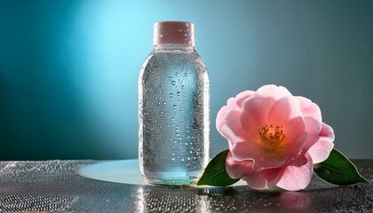 refreshing crystalclear bottle with water drops and delicate camellia indoor still life high quality photography vibrant visuals focused perspective aesthetic appeal