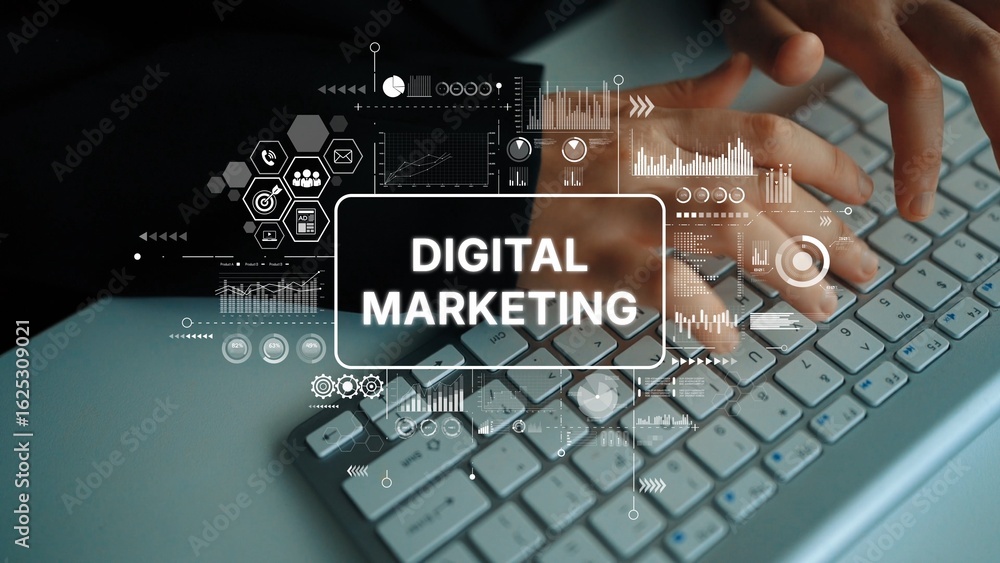 Poster conceptual image of digital marketing with hands typing on a keyboard surrounded by graphs and data 