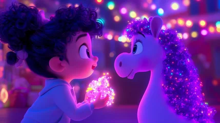 Wall murals Whimsical animated scene of a young girl sharing sparkling magic with a glowing unicorn-like friend amidst a backdrop of vibrant, blurred party lights