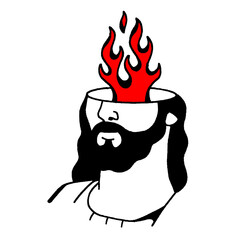 A man with a flaming head, an old school tattoo style.