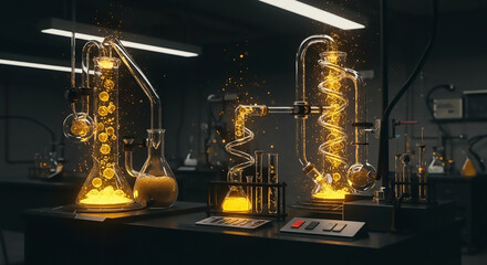 Alchemy of data processing in a futuristic laboratory, transforming raw information into valuable business insights and golden opportunities.