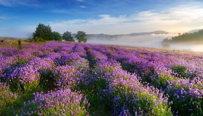 serene lavender field with vibrant wildflowers under gentle mist