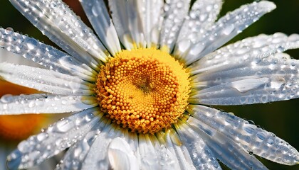 close up macro photography of chamomile flower with dew drops on white petals and yellow center