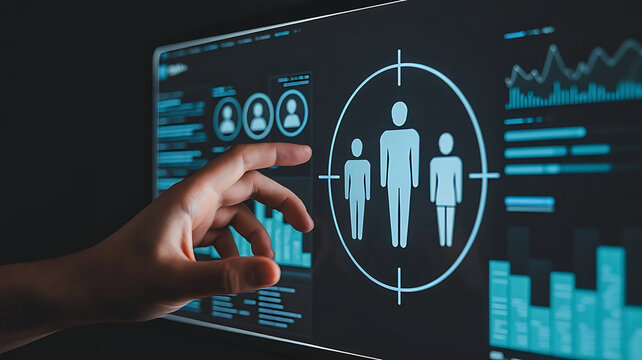 Hand interacting with a futuristic digital interface displaying human figures within a target scope and data analytics - Powered by Adobe