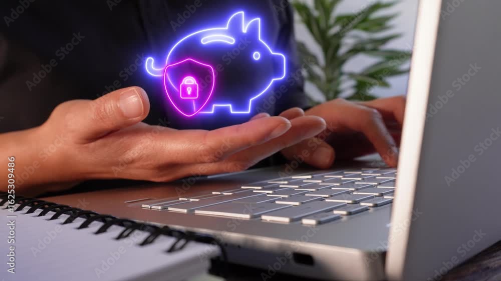 Poster close-up of a person sitting in front of a computer while holding a virtual icon of a piggy bank wit