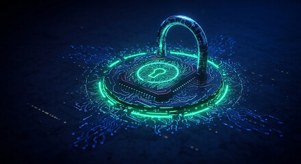 Futuristic digital security concept with an abstract padlock on a glowing CPU chip, symbolizing data protection and encryption