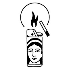 A vintage illustration of a lighter with a woman's face