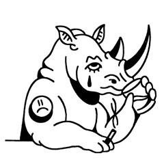 A lonely rhinoceros drinking coffee and having a cigarette