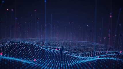 Abstract digital landscape with glowing blue and purple particles and data streams in a dark futuristic environment