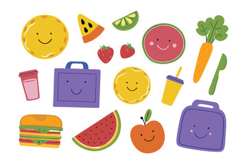 Smiling Food Stickers: A colorful collection of cheerful, illustrated food items. Capturing the happiness associated with healthy eating and mealtime.