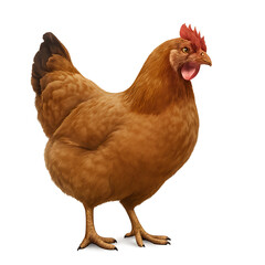 Detailed brown hen with a bright red comb and open beak, standing alert.