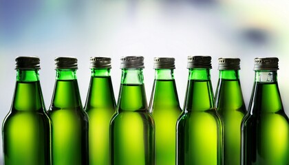 row of glass bottles containing green colored drink image taken from close range