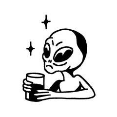 Disappointed alien drinking from a glass in retro tattoo style.