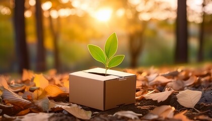 fresh growth from a small cardboard box with green leaves emerging amidst autumn leaves in a soft sunset background