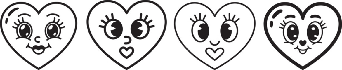 Cute Heart Character Set Black and White Line Art Designs for Valentines Day and Love Themed Projects and Designs