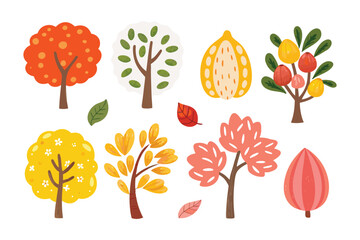 Animated Foliage Ensemble: An artistic ensemble of vibrant, illustrated trees, showcasing diverse seasonal foliage and textures in a dynamic collection, ready to infuse graphic projects.