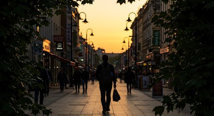 Obraz premium Silhouette of a person walking down a city street at sunset, framed by trees and streetlights, with buildings lining the sides.