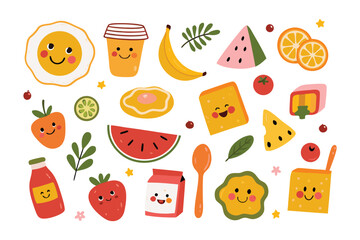 Joyful Food Ensemble: A delightful collection of vibrant and smiling food illustrations, including a sunny-side-up egg, a refreshing juice, a sweet strawberry, and more.