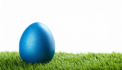 blue easter egg on lawn green grass artificial with blank white background