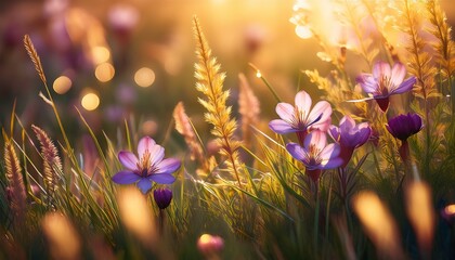 a stylized floral meadow with rich purple and gold flowers growing in lush green grass illuminated by warm golden rays of light