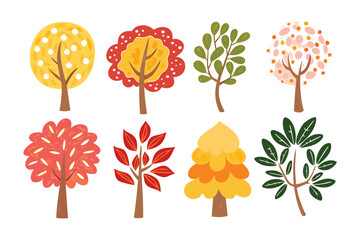 Whimsical Tree Collection: A vibrant assortment of illustrated trees, showcasing a variety of shapes, colors, and foliage. Ideal for design projects.