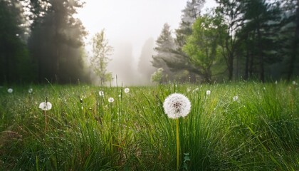dandelion growing in grassy field surrounded by trees on a foggy day