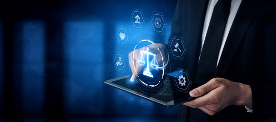 Futuristic digital law interface displaying justice scale, highlighting digital law, AI compliance,...