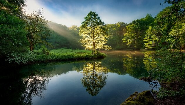 a luminous tree reflected in a serene pond surrounded by a dense forest under soft lighting effects