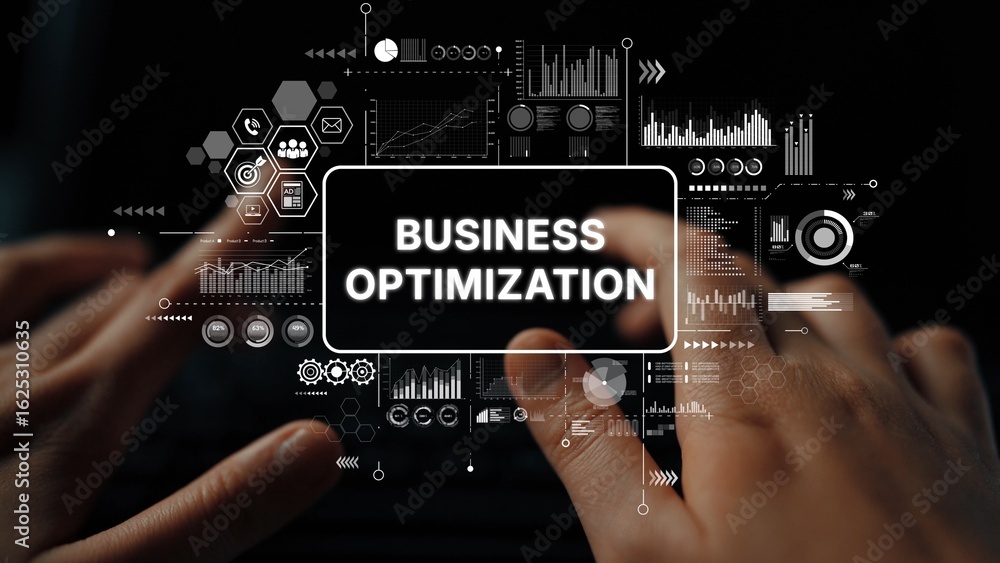Fototapete hands on a keyboard with business optimization graphics for data analysis and strategic planning in 