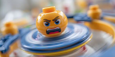 Closeup of a Spinning Yellow Emoji Toy with an Angry Face
