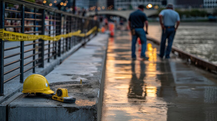 Labor Day moment beside roped-off concrete as sunset warms the site