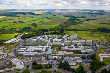 Aerial view of Dartmoor Prison in Princetown, Dartmoor, showing historic structure and surrounding...