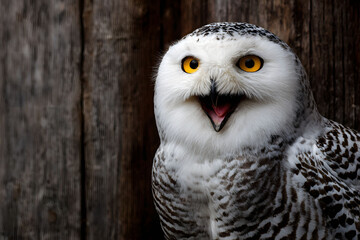 Obraz premium Closeup Portrait of a Snowy Owl Against Dark Wooden Background
