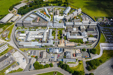 Aerial view of Dartmoor Prison in Princetown, Dartmoor, showing historic structure and surrounding...
