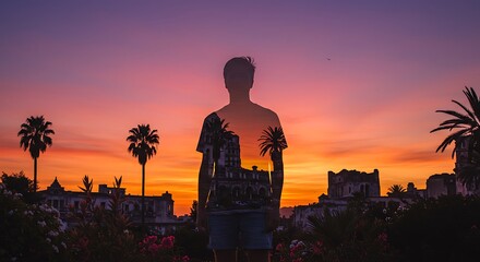 Fototapeta premium Silhouette of a person with a city landscape overlayed against a vibrant sunset sky with palm trees.