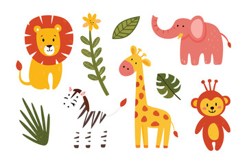 Fototapeta premium Safari Cartoon Animals: Delightful cartoon illustrations of a lion, zebra, giraffe, elephant, monkey, and botanical elements, a cheerful and vibrant scene perfect for children.