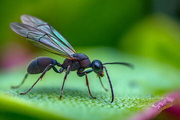Detailed Closeup of a Black Winged Ant on a Dew Covered Green Leaf