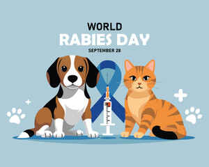 World Rabies Day greeting card banner vector design. Cute cartoon Beagle dog and orange tabby cat.