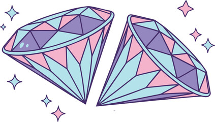 Shiny faceted crystals, diamonds with holographic glow and sparkling highlights are perfect for fantasy themes, game assets and jewelry. Cartoon 3D diamonds, vector graphics