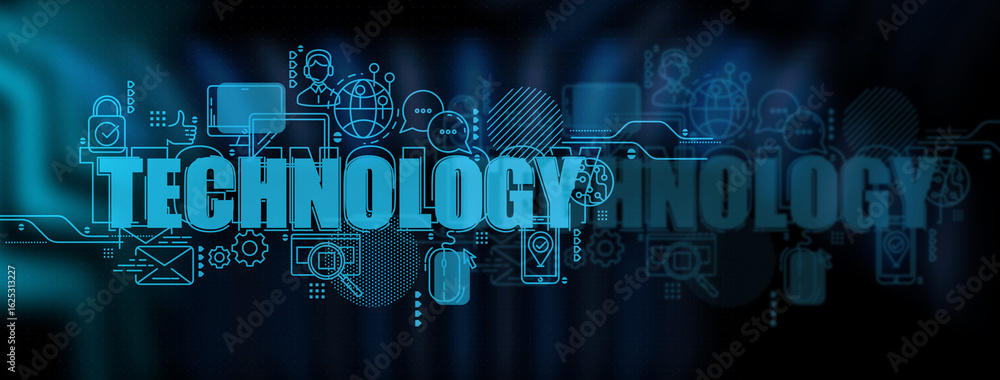 Poster technology background with digital interface icons and glowing text