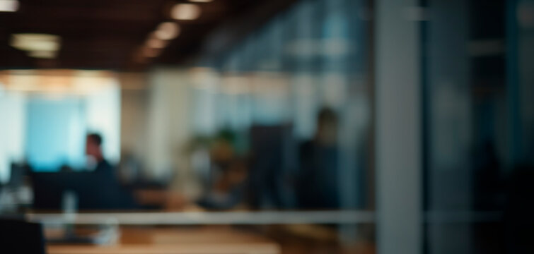 Blurred modern office interior with warm lighting - Powered by Adobe