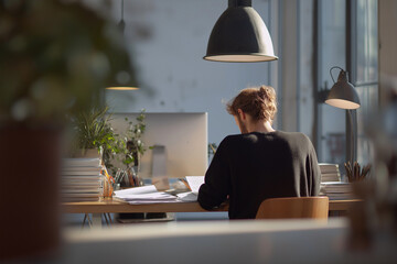 Focused young man working in coworking office, modern workspace creative environment, millennial professional writing at desk with concentration and productivity in contemporary business setting