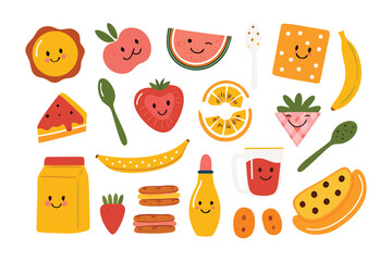 Cute Food Illustration: A charming ensemble of cheerful fruits and treats, each with a whimsical smile, arranged for a delightful and fun visual feast. 