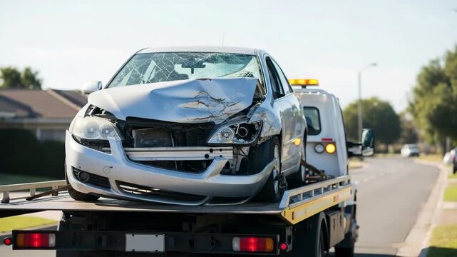Car accident aftermath with a damaged vehicle being towed on tow truck, a car accident scenario. This damaged vehicle represents road safety risks and automotive insurance claims processing.